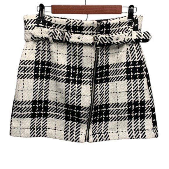 Zara Women’s L Houndstooth Mini Skirt Belted High Waist Fall Winter Chic Outfit - Picture 1 of 11